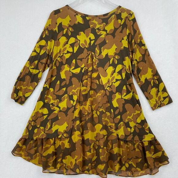 LOGO by Lori Goldstein Tunic Blouse Womens Size S Yellow Brown Ruffle Hem - Picture 7 of 11
